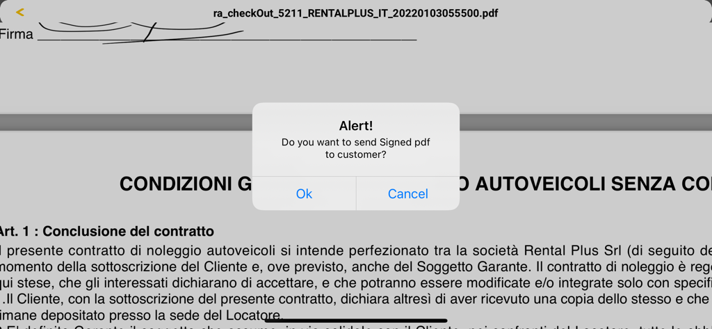 MyRent The Car Rental Software - Avviso dell'app MyRent che chiede di inviare un PDF del contratto di noleggio firmato a un cliente