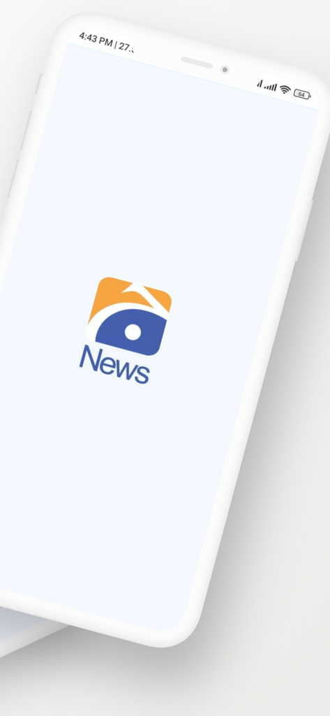A tela de introdução do aplicativo móvel Geo News Official exibindo seu logotipo em um fundo branco.