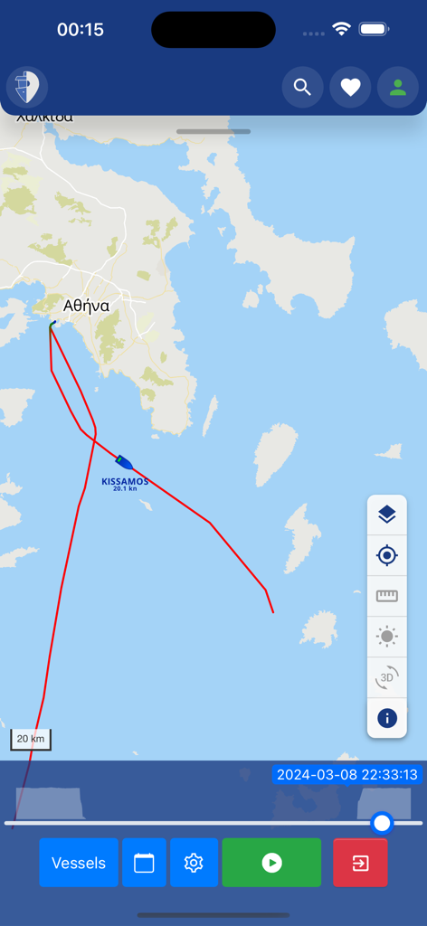 Real time vessel tracking showing a ship route on a map in the MyShipTracking app