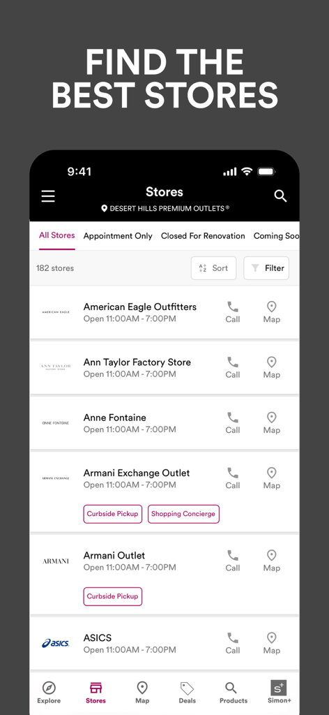 Simon App-Geschäftsverzeichnis für Desert Hills Premium Outlets mit Marken, Öffnungszeiten und Kartenlinks