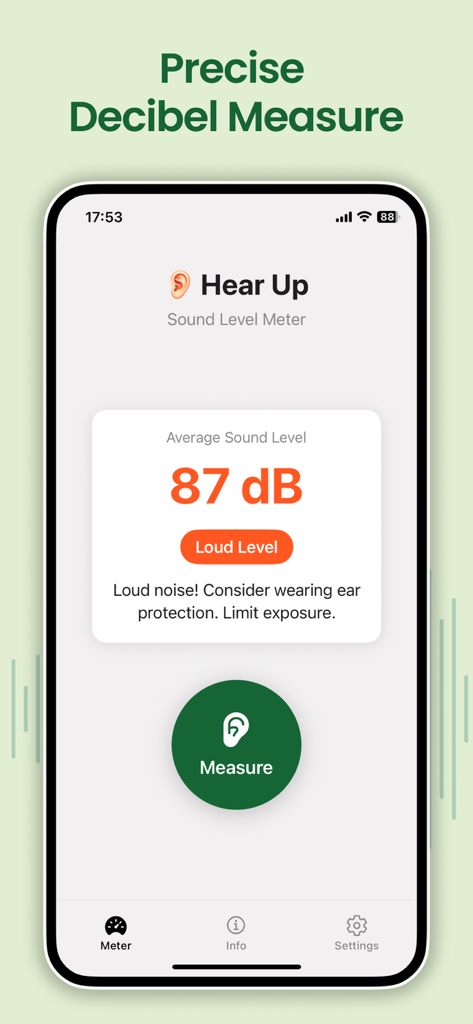 Sound Meter, dB - HearUp - HearUp app interface showing 87 decibel sound measurement and hearing protection warning