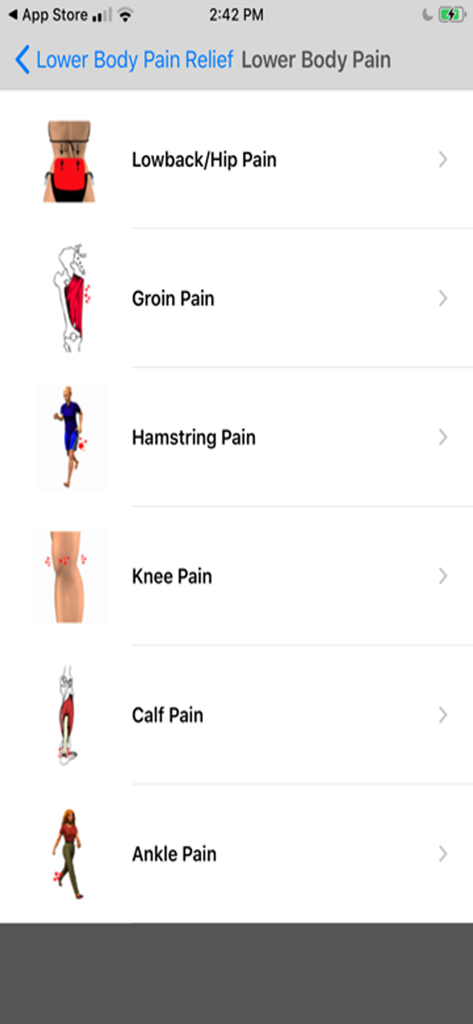 Stretch For Pain Relief Lower - Menu listing various lower body pain relief categories including back hip knee and ankle pain