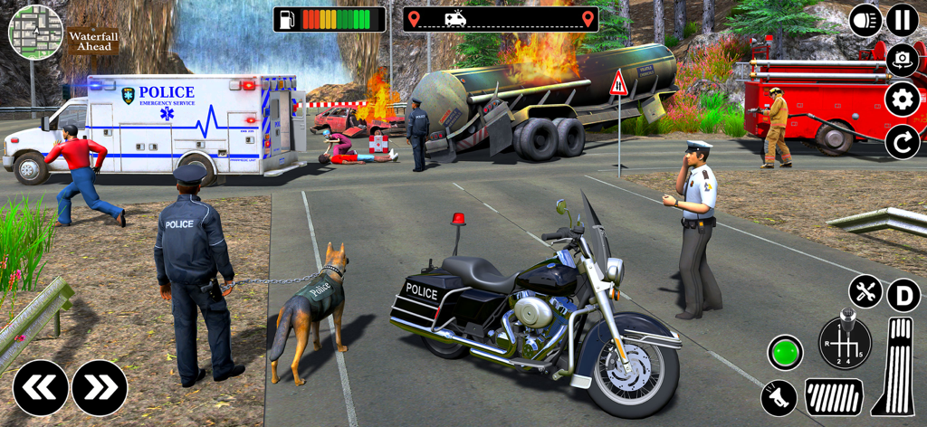 911 Ambulance-Rescue Simulator - Jeu de 911 Ambulance-Rescue Simulator montrant une scène d'intervention d'urgence lors d'un accident de véhicule avec des policiers et des pompiers.