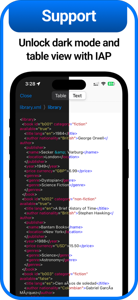 Screenshot of XML Viewer app showing a split screen comparison between light and dark modes for syntax highlighting
