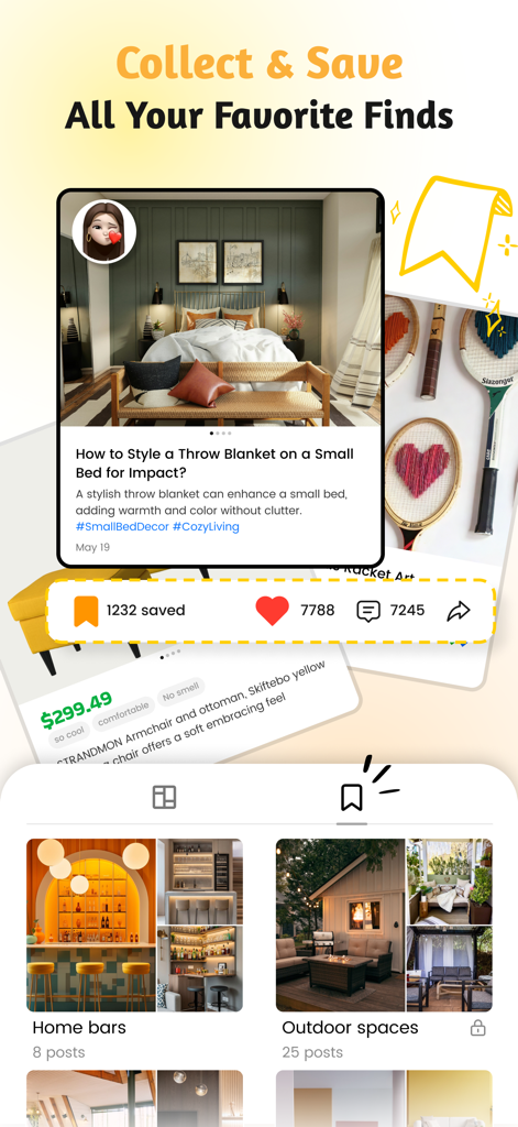 AI Home Design: Ideal House - Screen showing saved interior design inspiration posts and organized collection folders