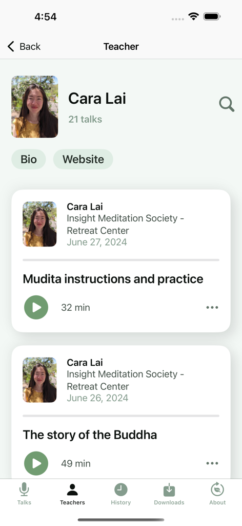 Dharma Seed - Teacher profile screen for Cara Lai in the Dharma Seed app showing available meditation talks