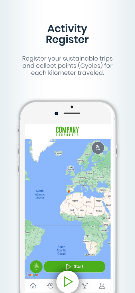 Ciclogreen - Mobility - Interfaz de la aplicación Ciclogreen que muestra la pantalla de registro de actividad con un mapa y botón de inicio para rastrear viajes sostenibles