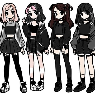 one girl with crop-top shirt and a jacket with a skirt, long socks and another girl with a shirt and pants with a jacket