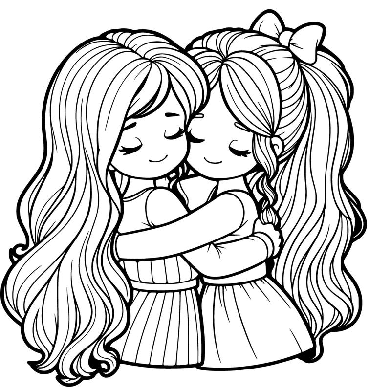 two girls hugging. one with hair down, one with ponytail