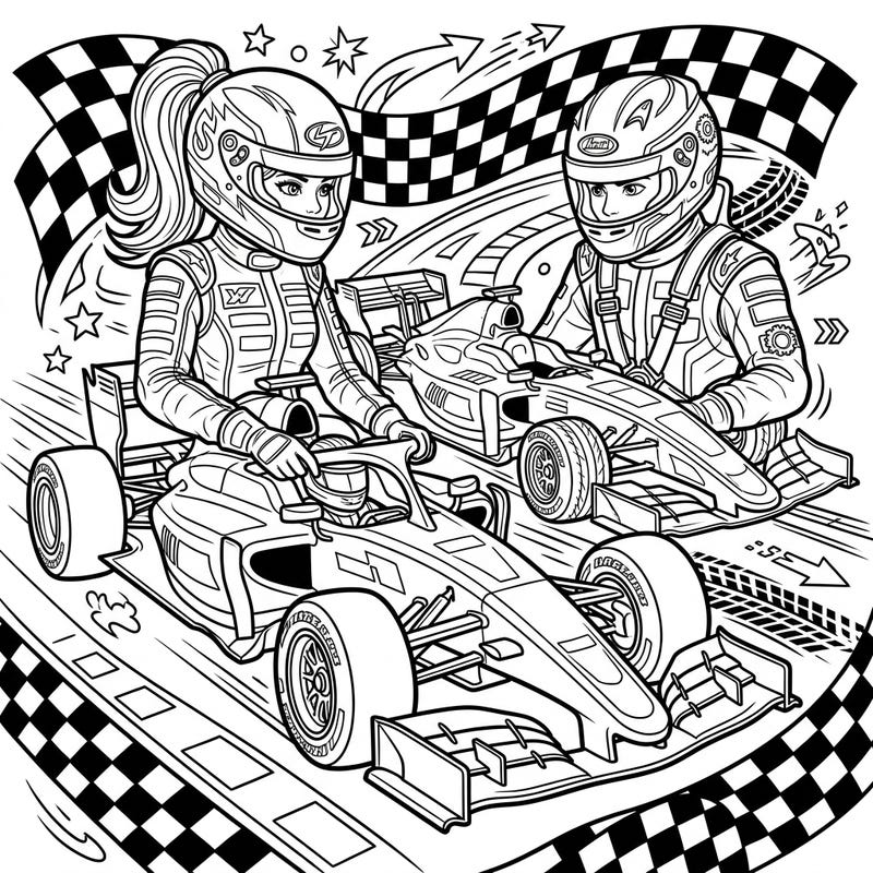 Experience the adrenaline of the race track with this dynamic coloring page featuring cool teen motor racing drivers. Perfect for young artists who love speed, competition, and intricate designs to bring to life with vibrant colors.
