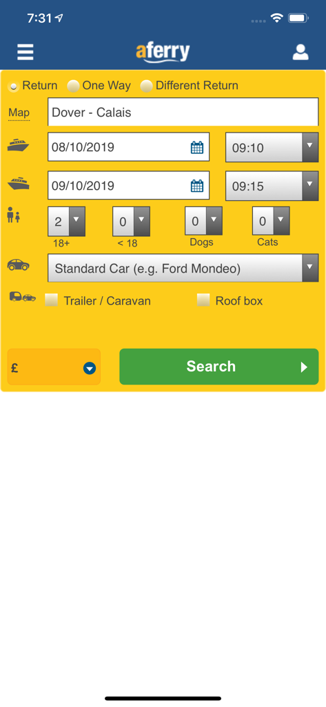 Search interface of the aFerry app showing ferry booking options for passengers and vehicles between Dover and Calais