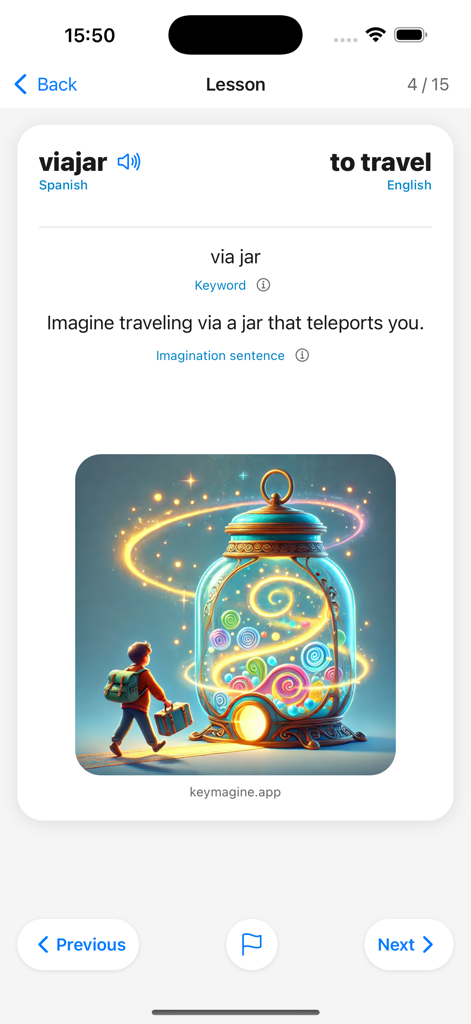 Keymagine - Keymagine app screen showing a visual mnemonic for the Spanish word viajar with an illustration of a magical jar
