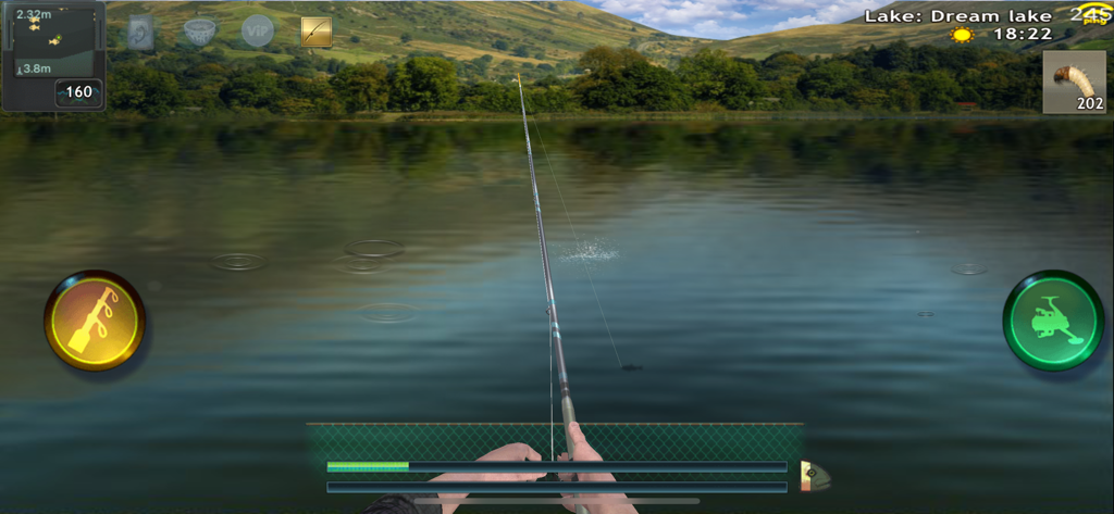 Fishing: World of Fishers - First person gameplay view of casting a fishing rod into a calm lake in Fishing World of Fishers