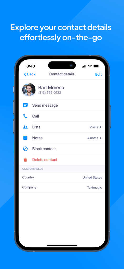 TextMagic - TextMagic Mobile App Bildschirm, der Kontaktdetails und Optionen für die geschäftliche Kommunikation für einen bestimmten Kontakt anzeigt