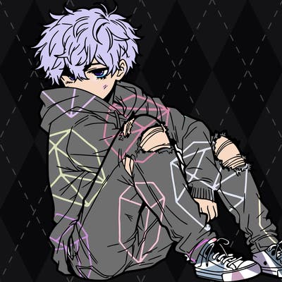 a male hoddie ripped jeans messy hair anime