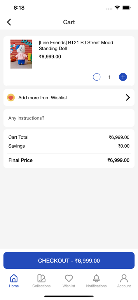 Kpopstore - Checkout page of the Kpopstore app showing a BT21 RJ doll in the shopping cart