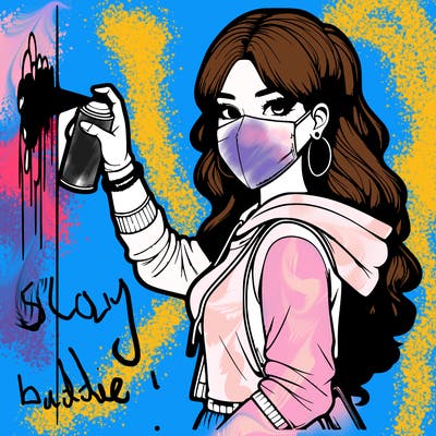 realistic girl with mask spray painting a wall