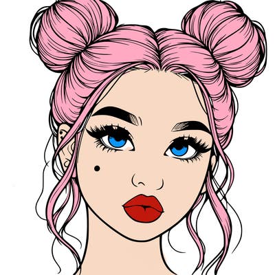 realistic girl with two buns on her hair and lips