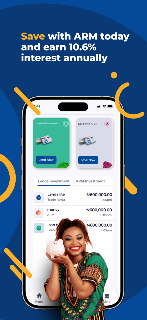 Trade Lenda mobile App-Bildschirm mit Sparoptionen mit ARM und einem jährlichen Zinssatz von 10,6 Prozent, einschließlich Anlagehistorie und einer Frau mit einer Spardose.