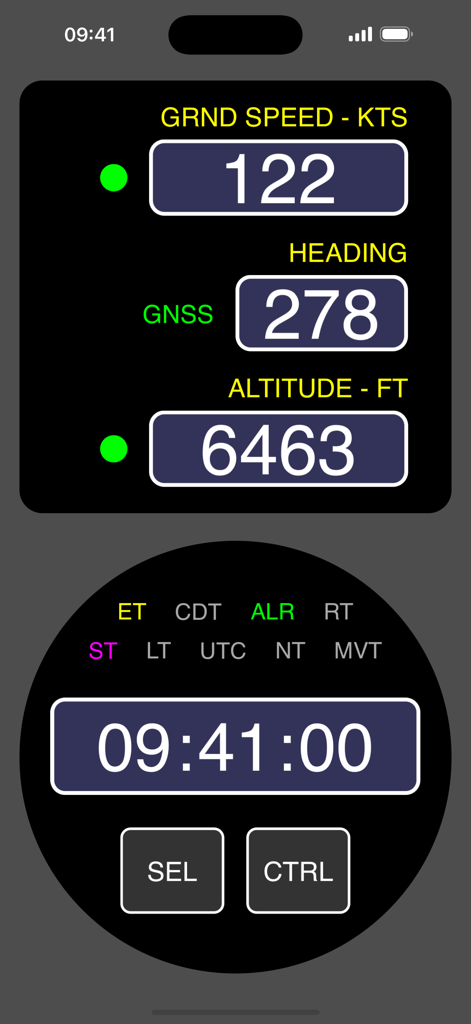 Panel de instrumentos de navegación aérea y marina que muestra la velocidad terrestre, el rumbo, la altitud y un cronómetro digital