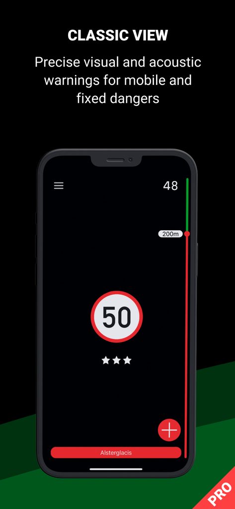 Écran de smartphone montrant la vue classique de Blitzer.de PRO avec une alerte de limite de vitesse et un indicateur de distance du danger