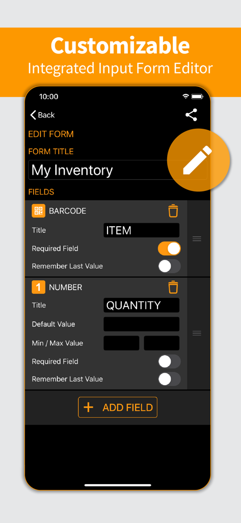 Scan-IT to Office - Mobile interface of the Scan-IT to Office app showing the customizable input form editor for inventory tracking.