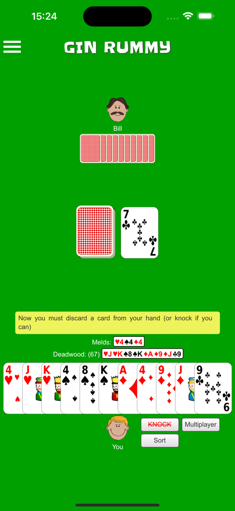 A game of Gin Rummy on the CardGames.io mobile app with cards and 2D avatars.