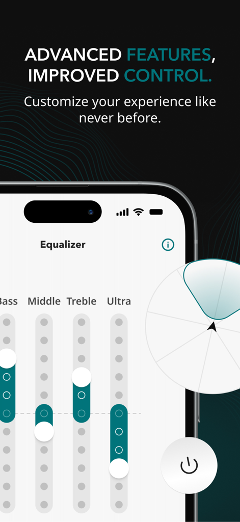 Smartphone-Bildschirm, der die Miracle-Ear App-Equalizer mit einstellbaren Schiebereglern für Bässe, Mitten und Höhen zur Anpassung des Hörgeräteklangs zeigt