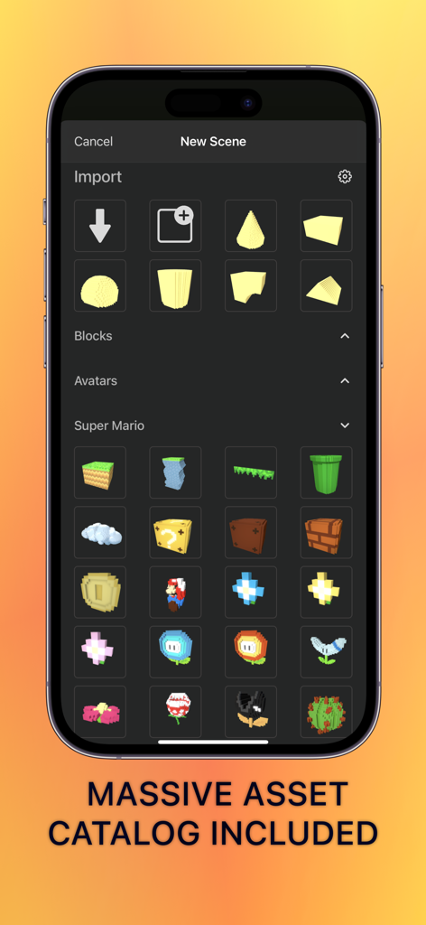 iPhone-Bildschirm, der einen riesigen Asset-Katalog in Voxel Max mit Kategorien wie Blöcke, Avatare und Super Mario-Elementen zeigt.