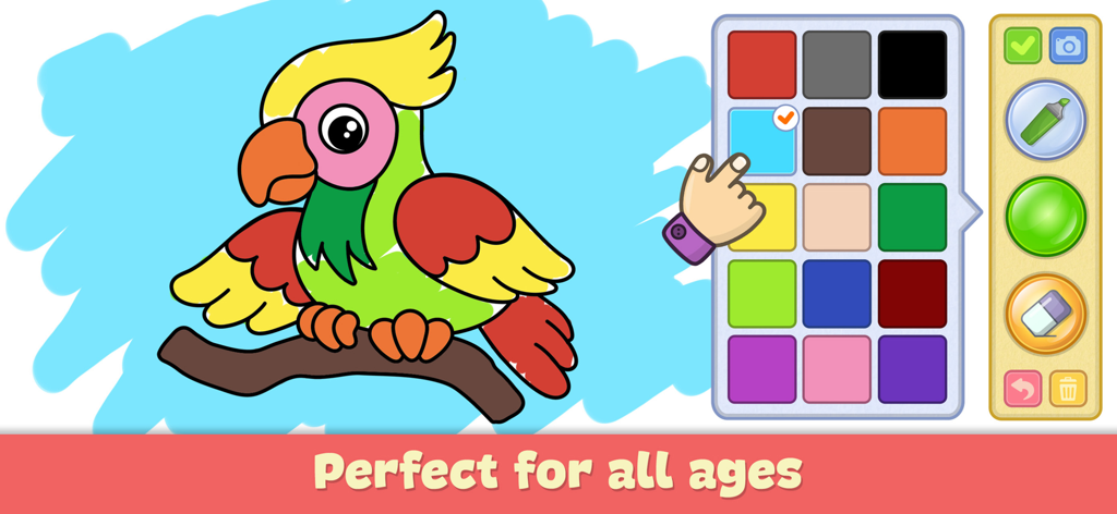 Drawing for Kids - Baby Games - A child coloring a parrot using a variety of colors and tools in the Bimi Boo drawing app.