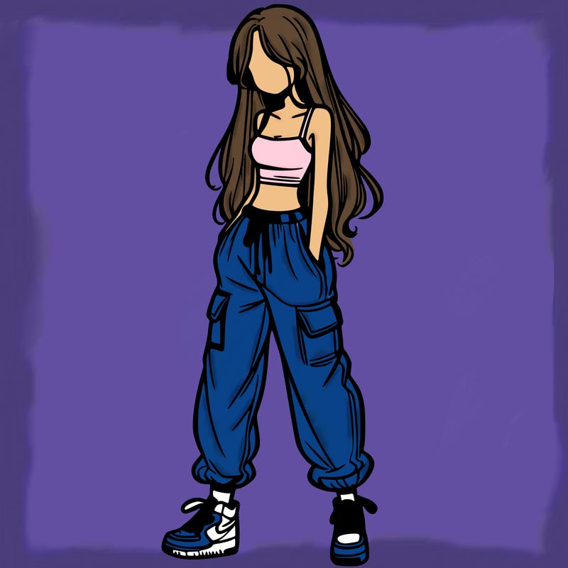 girl in baggy pants crop top and long hair