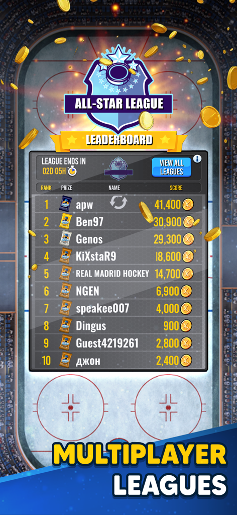 Superstar Hockey All Star League leaderboard showing top players and multiplayer scores