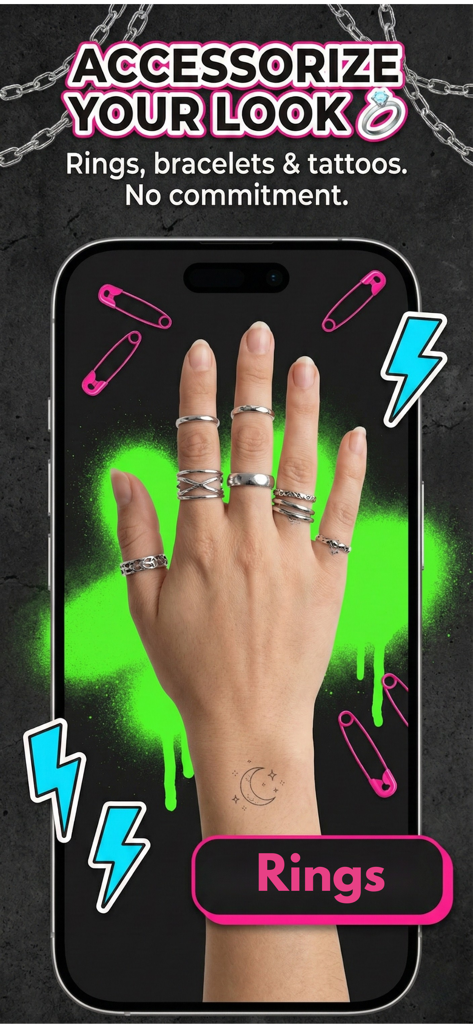 Nails AI: Virtual Try On Salon - A hand with multiple virtual silver rings and a crescent moon wrist tattoo in the Nails AI app interface