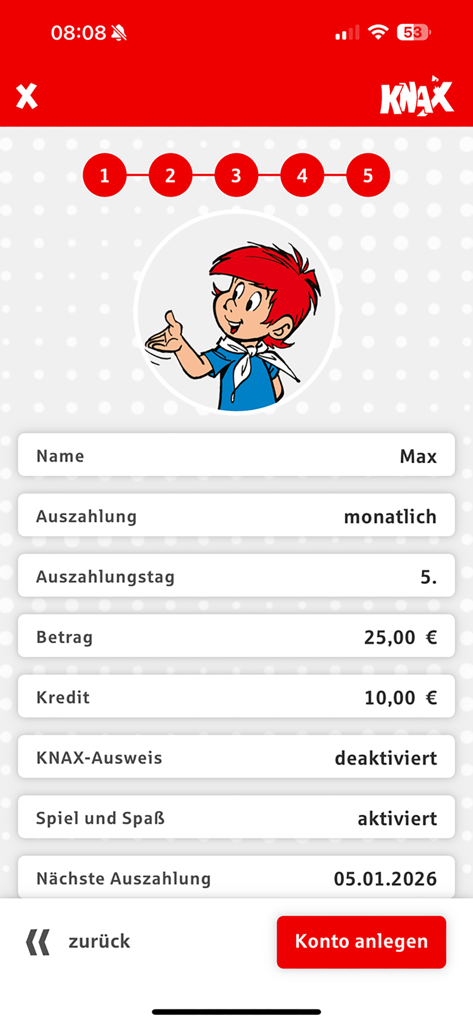 Setup screen for a childs virtual allowance account in the KNAX app showing monthly payout settings and account summary