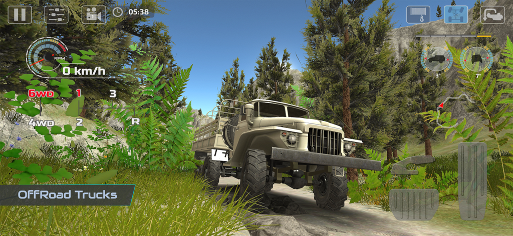 OffRoad Drive Pro - Beige military truck driving through a forest in OffRoad Drive Pro simulation