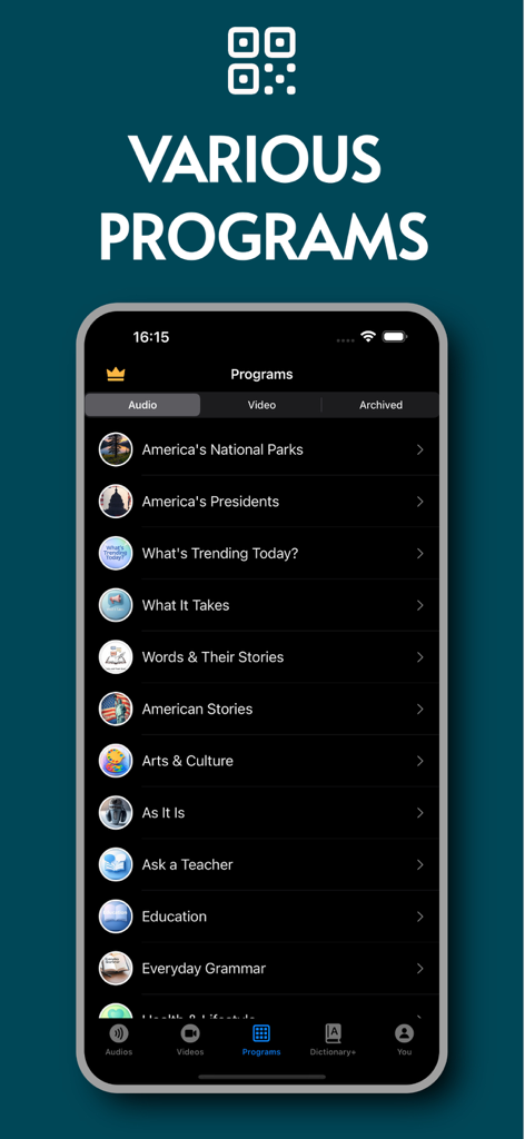 VOA Special English Listening - Screenshot of the VOA Special English app showing a variety of audio programs including American history, culture, and grammar.