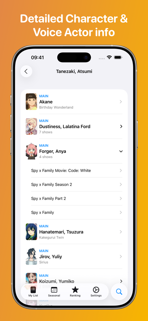 ManGo - Anime & Manga Tracker - Pantalla de la aplicación ManGo mostrando información detallada de personajes y actores de voz para Atsumi Tanezaki