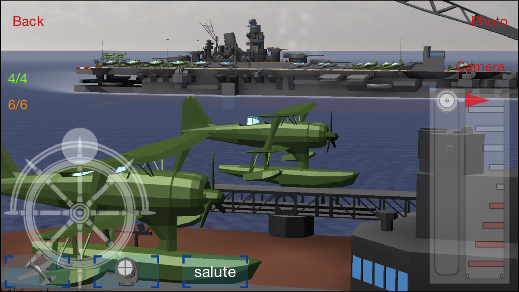 Naval Craft - A gameplay screenshot of Naval Craft featuring green military seaplanes on the deck of a custom-built battleship.