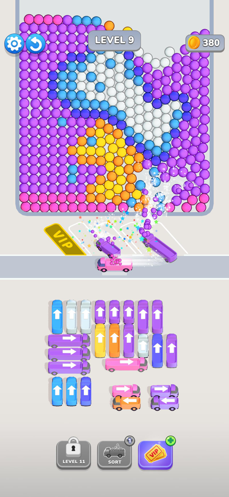 Color sorting gameplay in Bubble Bus Parking Jam Puzzle with colorful buses and bubbles