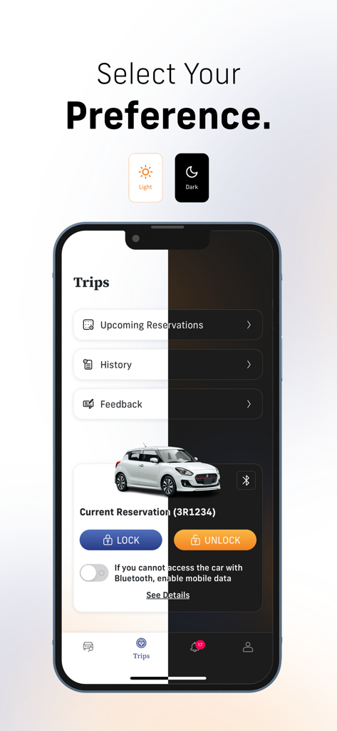 Yoma Car Share - Screenshot dell'app Yoma Car Share che mostra le opzioni del tema modalità chiara e scura e i controlli di blocco e sblocco del veicolo.