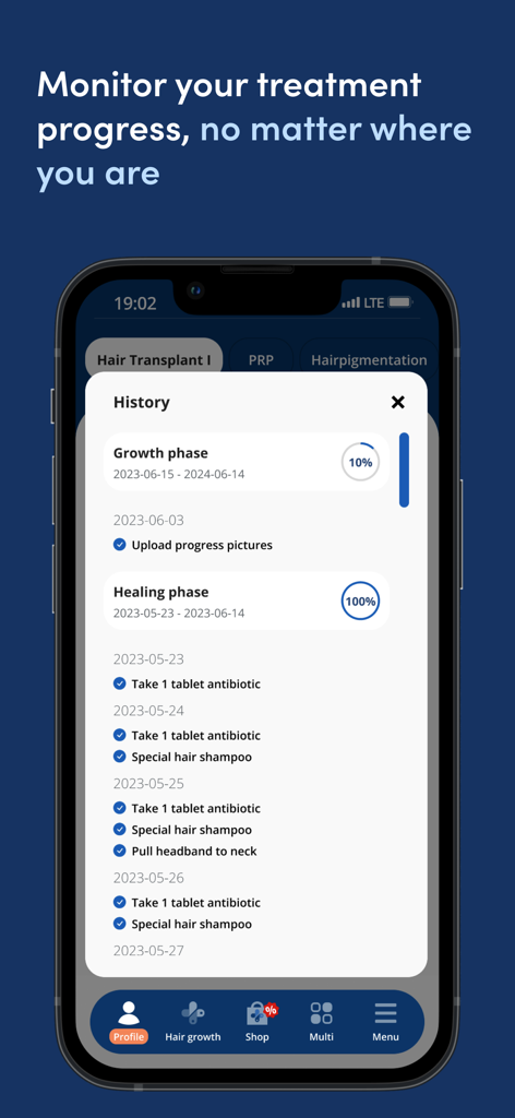 Elithair - Mobile screen showing the Elithair app treatment history with medication logs and healing progress percentages.
