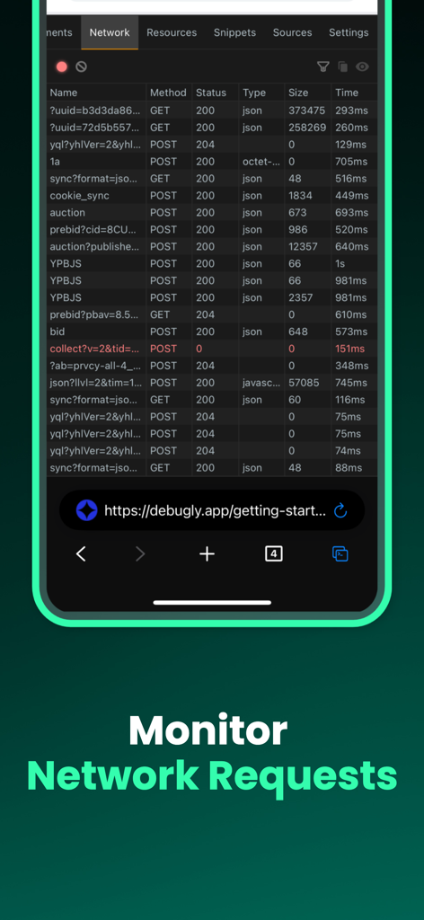 Web Inspector & Dev Tools - Pantalla móvil mostrando un registro de solicitudes de red con detalles como método HTTP, estado, tipo y tamaño para depuración web