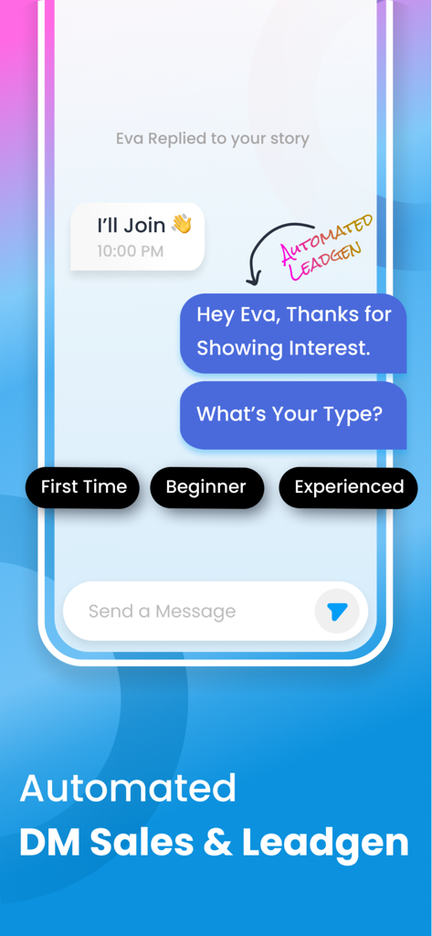 Insta DM App - InstantDM - Screenshot of the Insta DM App showing an automated message sequence for lead generation with interactive buttons on Instagram