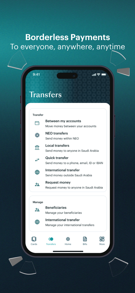 NEO - Interfaz de la aplicación bancaria NEO que muestra opciones de transferencia de dinero internacional y local.