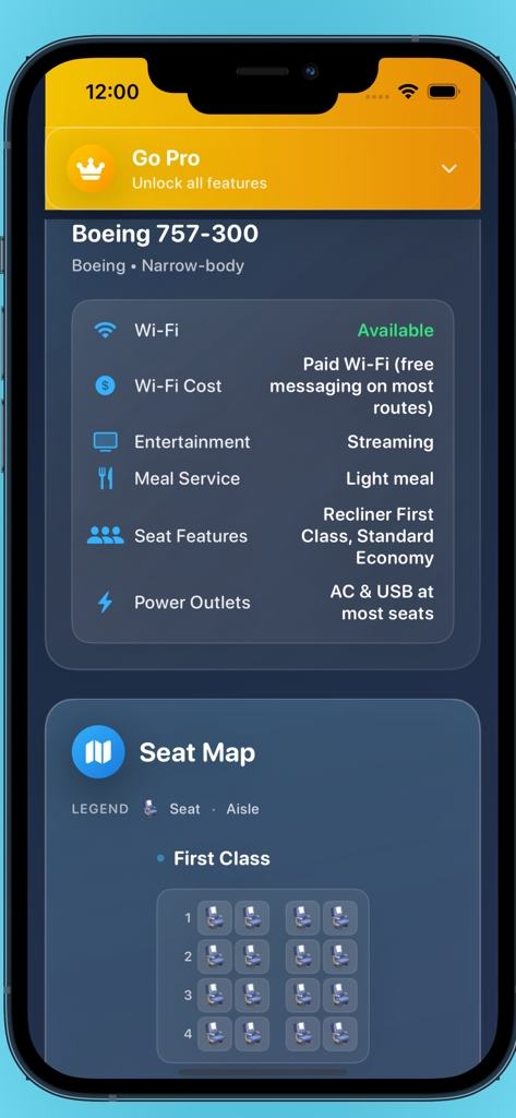 Aircraft specifications and First Class seat map for a Boeing 757 in the Plane Seats app.