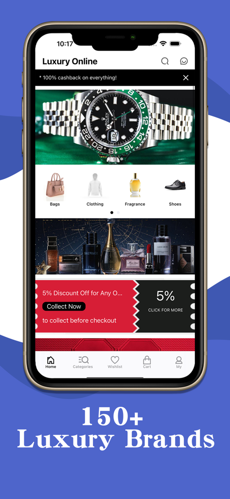 ラグジュアリーオンラインアプリのホーム画面。ロレックスの時計と、バッグ、衣類、香水、靴のカテゴリが表示され、150以上の高級ブランドが利用可能です。