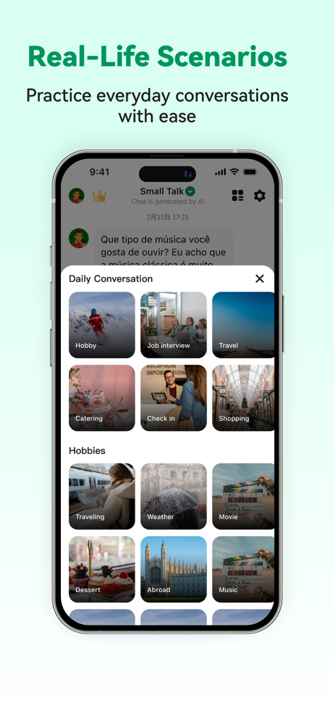 Portuguese Ai:Learn Portuguese - Portuguese language learning app interface showing real life conversation topics like travel and job interviews