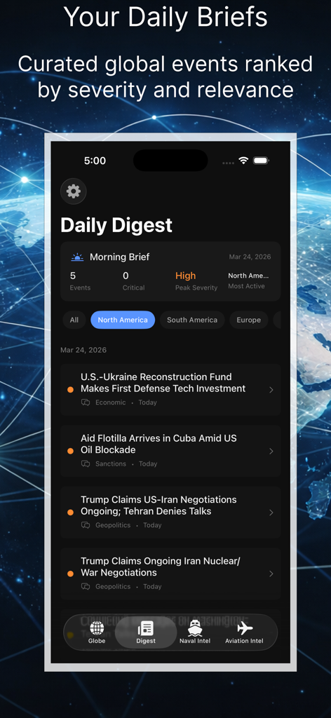 Atlas : Global Intelligence - Atlas Global Intelligence mobile app daily digest screen showing curated geopolitical risk briefs and news events.