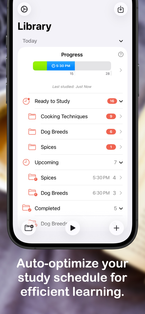 Benkyo Box - iPhone上のBenkyo Boxライブラリインターフェイス、学習進捗状況と効率的な学習のための自動スケジューリングを表示