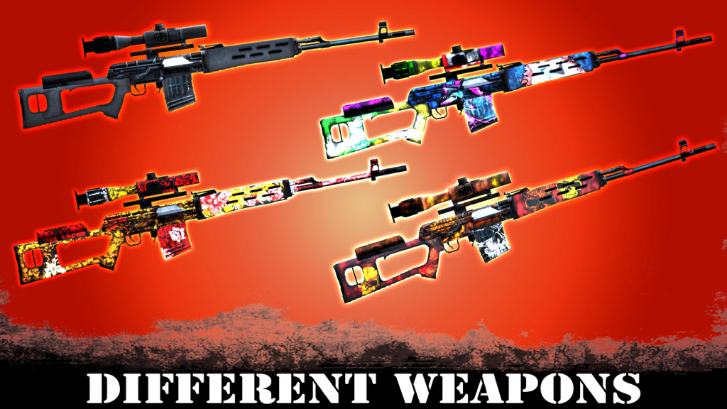 Sniper Assassin 3D Shooting - Four sniper rifles with various colorful skins and patterns in Sniper Assassin 3D Shooting